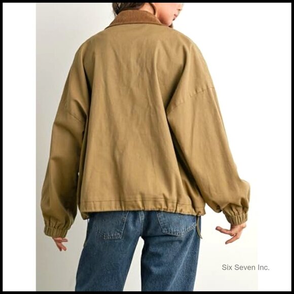 Corduroy Collar Utility Jacket Cinchable Hem Lightweight Workwear Chic Vintage - Picture 6 of 6